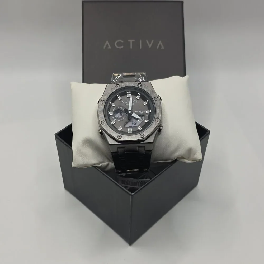 Invicta Activa Dual Time AnalogDigital Quartz Watch,BlackSS Bracelet,45.5mm,30M